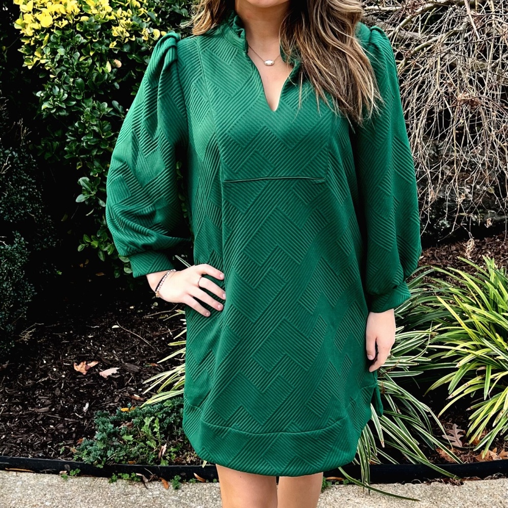 Textured Frilled Split Neck Dress